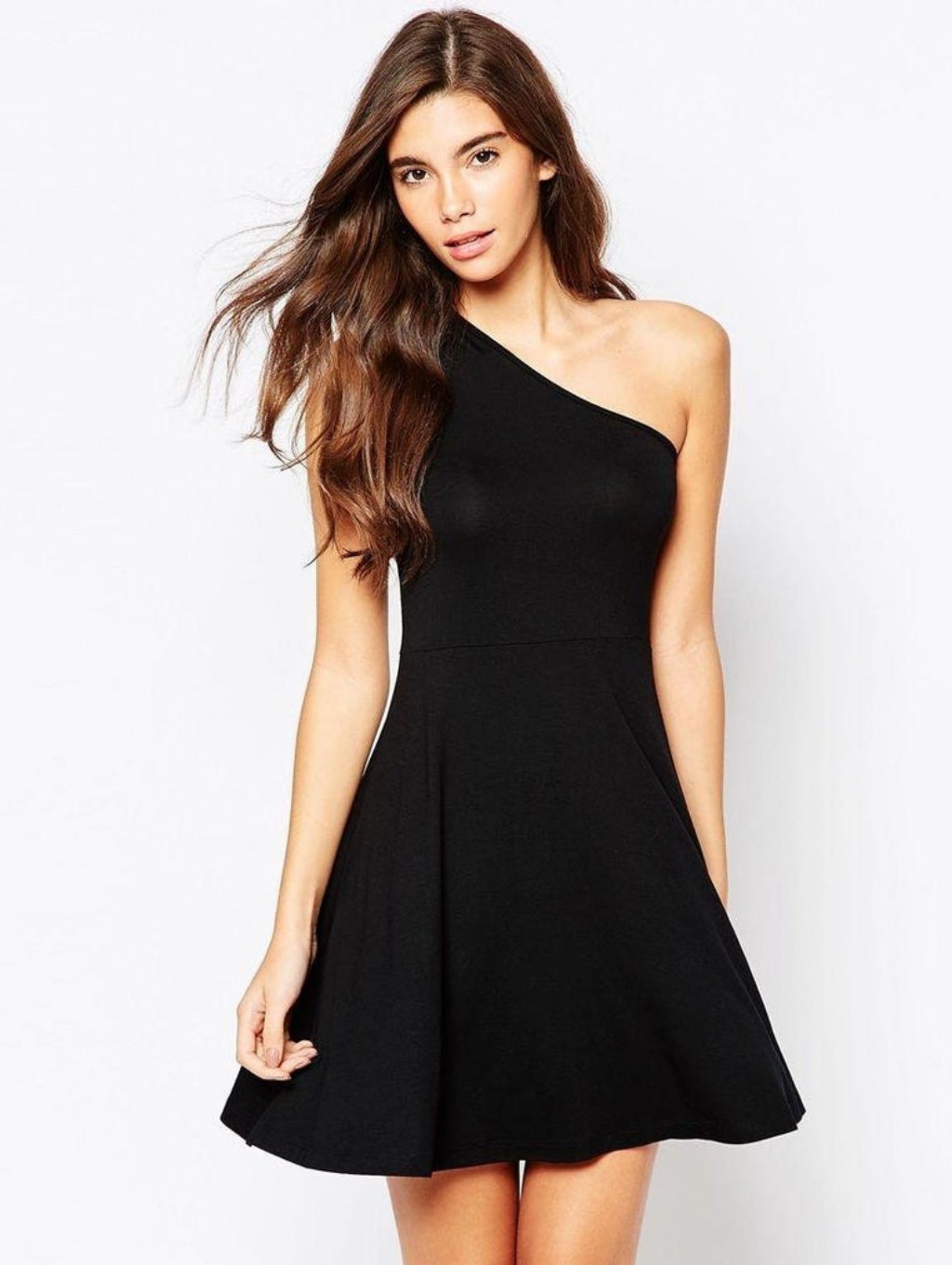 Love...Ady One-Shoulder Black Skater Dress